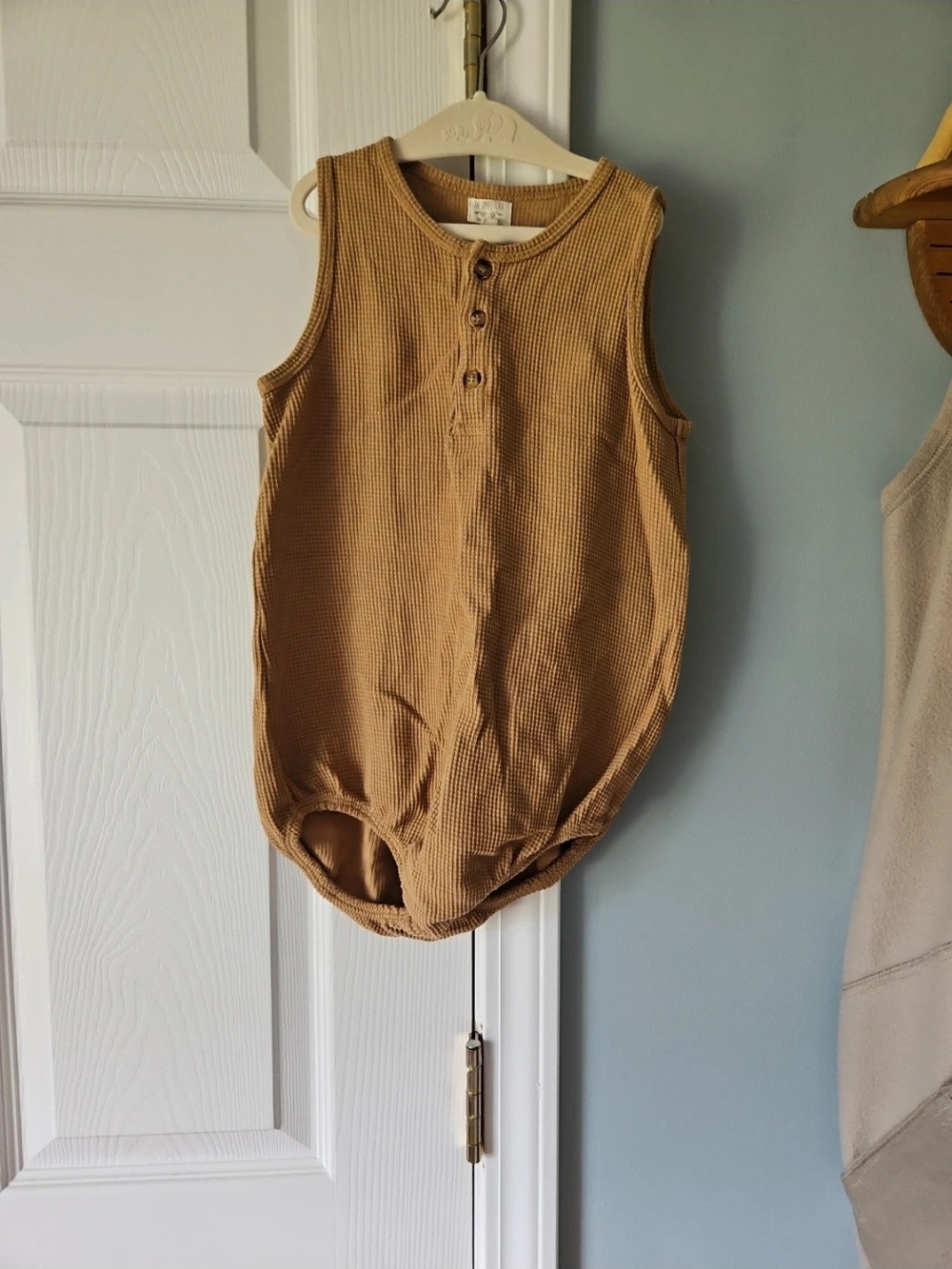 Sleeveless Waffle Knit Romper in Tan